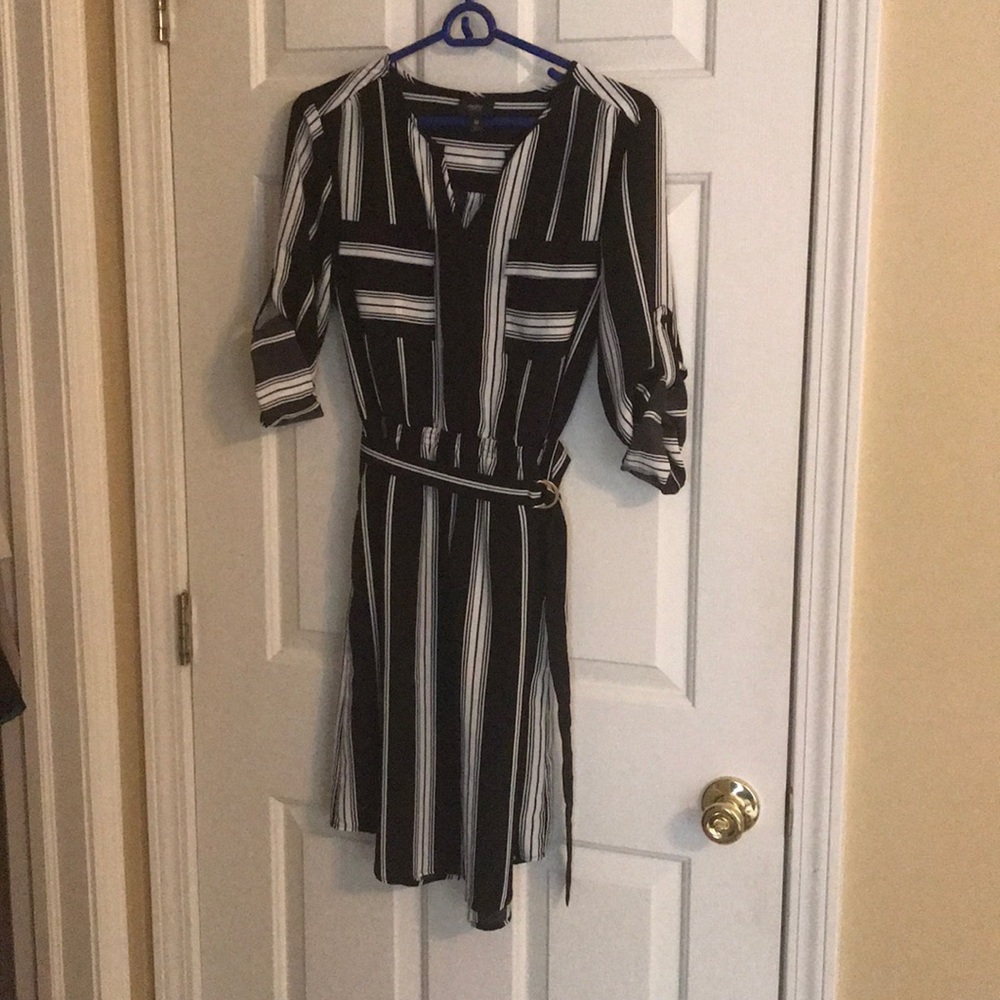 Black and white striped belted shirt dress